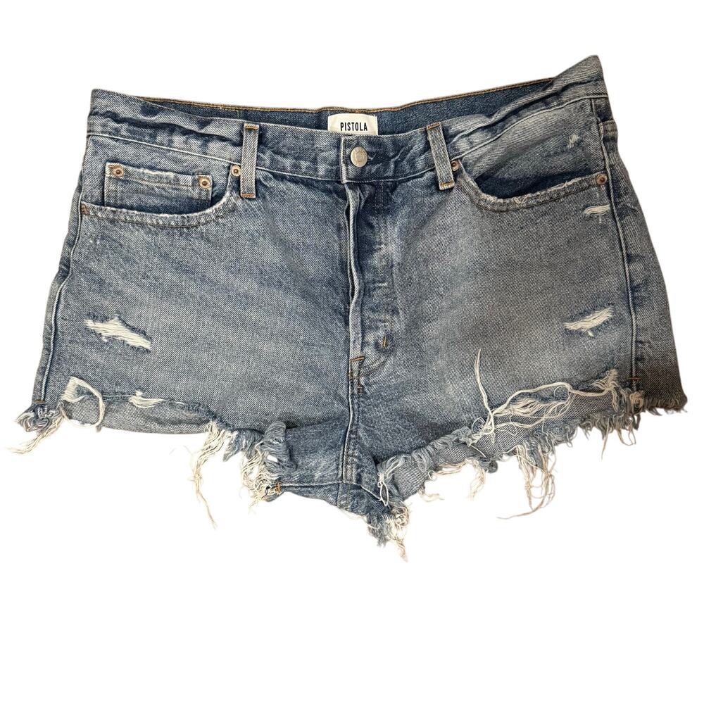 Pistola Distressed High Rise Cutoff Denim Shorts Size 32 Hemp Cotton Blend
